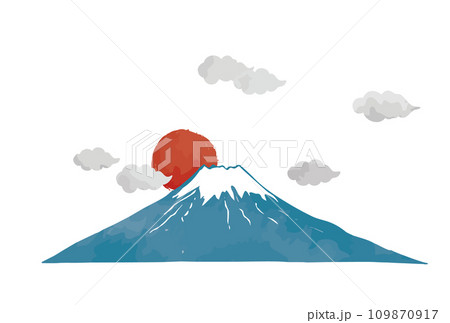 墨彩画風、水墨画風、初日の出と富士山 墨彩画風、水墨画風、初日の出と富士山 109870917