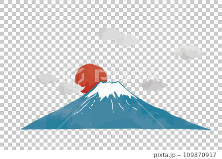 墨彩画風、水墨画風、初日の出と富士山 墨彩画風、水墨画風、初日の出と富士山 109870917