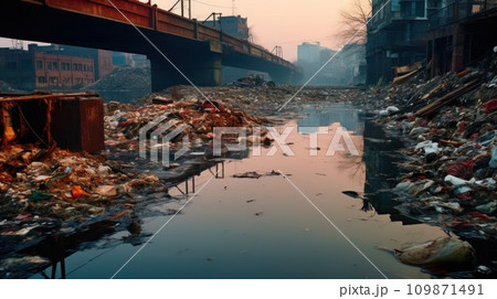 AI-generated content. A river of trash and garbage in a city near the water, AI 109871491