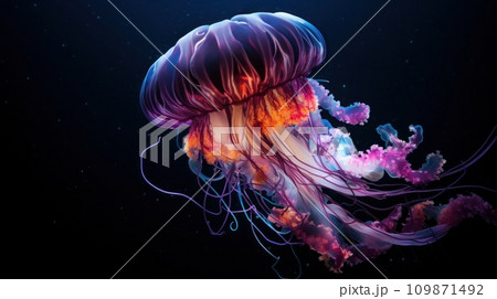 AI-generated content. A jellyfish floating in the dark ocean with purple and pink colors, AI 109871492