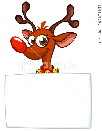 Cartoon funny red nose reindeer holding a blank paper board for Christmas or New Year greetings. Christmas illustration. Vector isolated 109871654