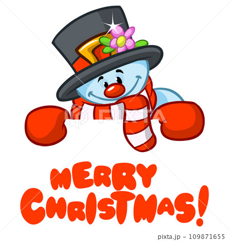 Funny snowman holding white page. Greeting Christmas card, vector illustration isolated. 109871655