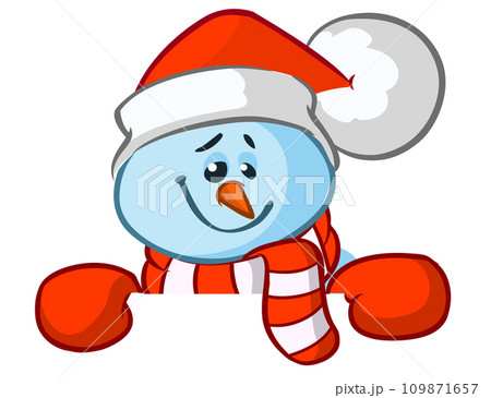 Funny snowman holding white page. Greeting Christmas card, vector illustration isolated. 109871657