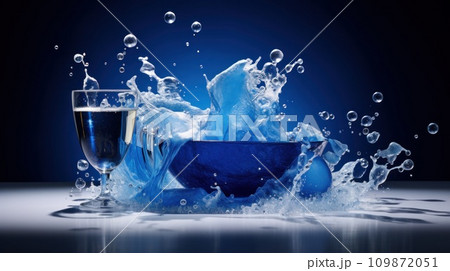 AI-generated content. A blue bowl of water with a glass and some bubbles, AI 109872051
