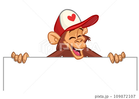 Cartoon monkey chimpanzee holding blank empty white paper or placard for menu or greetings. Vector illustration of happy monkey character 109872107