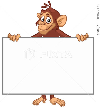 Cartoon monkey chimpanzee holding blank empty white paper or placard for menu or greetings. Vector illustration of happy monkey character 109872130