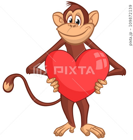 Cartoon monkey chimpanzee holding red balloon heart Cartoon monkey chimpanzee holding red balloon heart 109872139