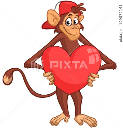 Cartoon monkey chimpanzee holding red balloon heart  109872141