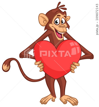 Cartoon monkey chimpanzee holding red balloon heart Cartoon monkey chimpanzee holding red balloon heart 109872143