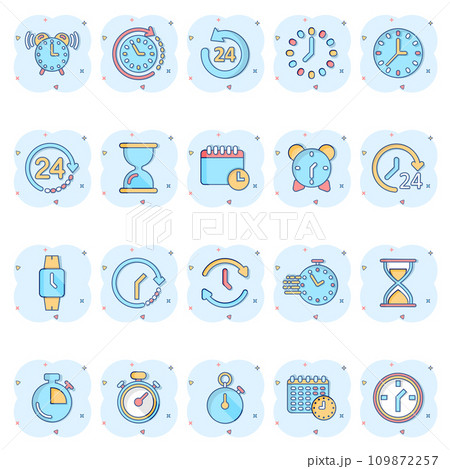 Time icon set in comic style. Agenda clock cartoon vector illustration on white isolated background. Sandglass, wristwatch timer splash effect business concept. Time icon set in comic style. Agenda clock cartoon vector illustration on white isolated background. Sandglass, wristwatch timer splash effect business concept. 109872257