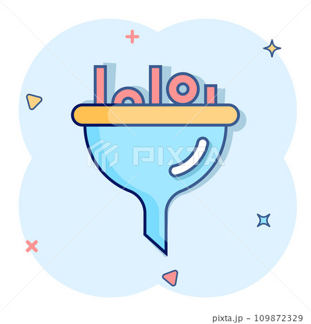 Filter icon in comic style. Funnel cartoon vector illustration on white isolated background. Chemical cone splash effect business concept. 109872329