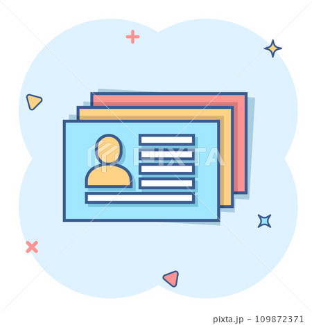 Resume icon in comic style. Contract document cartoon vector illustration on white isolated background. Paper notepad splash effect business concept. 109872371