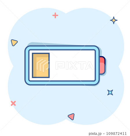 Battery charge icon in comic style. Power level cartoon vector illustration on white isolated background. Lithium accumulator splash effect business concept. 109872411