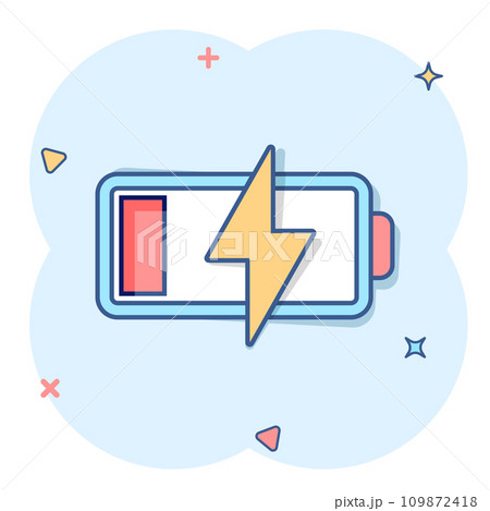 Battery charge icon in comic style. Power level cartoon vector illustration on white isolated background. Lithium accumulator splash effect business concept. 109872418