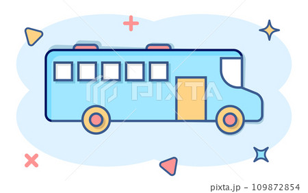 Bus icon in comic style. Coach cartoon vector illustration on white isolated background. Autobus vehicle splash effect business concept. 109872854