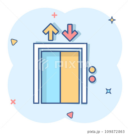 Elevator icon in comic style. Lift cartoon vector illustration on white isolated background. Passenger transportation splash effect business concept. 109872863