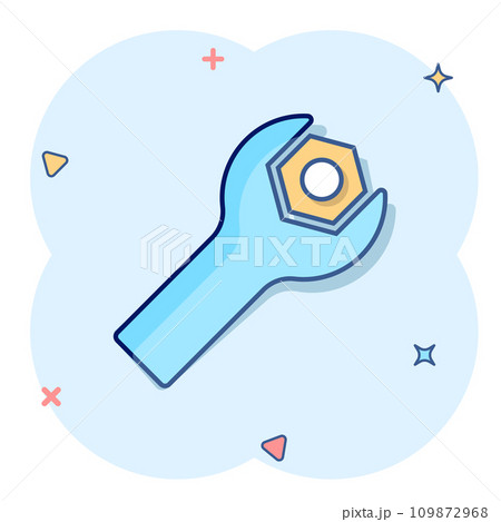 Wrench icon in comic style. Spanner key cartoon vector illustration on white isolated background. Repair equipment splash effect business concept. 109872968