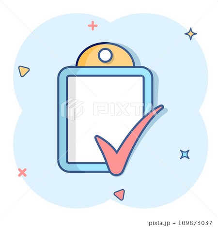 Document checklist icon in comic style. Report cartoon vector illustration on white isolated background. Paper sheet splash effect business concept. Document checklist icon in comic style. Report cartoon vector illustration on white isolated background. Paper sheet splash effect business concept. 109873037