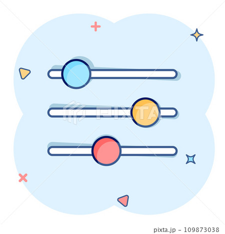 Control volume icon in comic style. Audio adjusting cartoon sign vector illustration on white isolated background. Filter splash effect business concept. 109873038