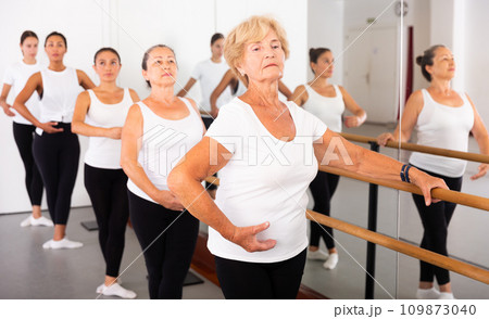 Group of women engaged in classical ballet stand holding onto a barre in a ballet stance 109873040