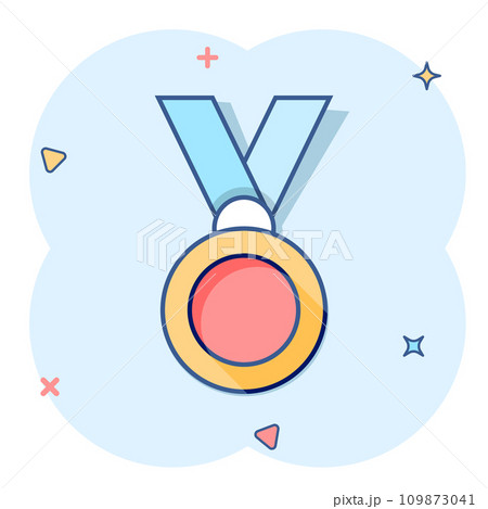 Medal icon in comic style. Prize cartoon sign vector illustration on white isolated background. Trophy award splash effect business concept. 109873041