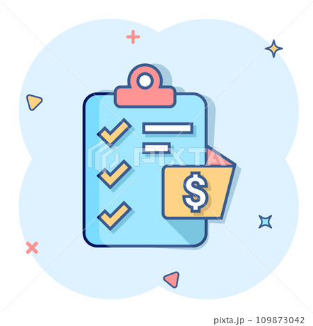 Document checklist icon in comic style. Report cartoon vector illustration on white isolated background. Paper sheet splash effect business concept. 109873042