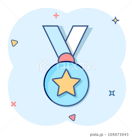 Medal icon in comic style. Prize cartoon sign vector illustration on white isolated background. Trophy award splash effect business concept. Medal icon in comic style. Prize cartoon sign vector illustration on white isolated background. Trophy award splash effect business concept. 109873043