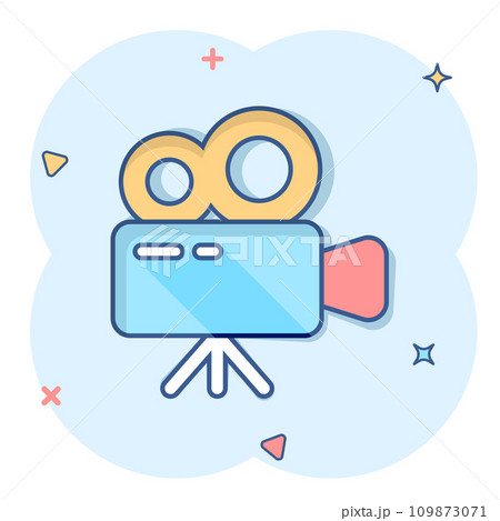 Projector icon in comic style. Cinema camera cartoon vector illustration on white isolated background. Movie splash effect business concept. Projector icon in comic style. Cinema camera cartoon vector illustration on white isolated background. Movie splash effect business concept. 109873071