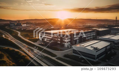 夕暮れ時の大規模な工場の外観写真 109873293