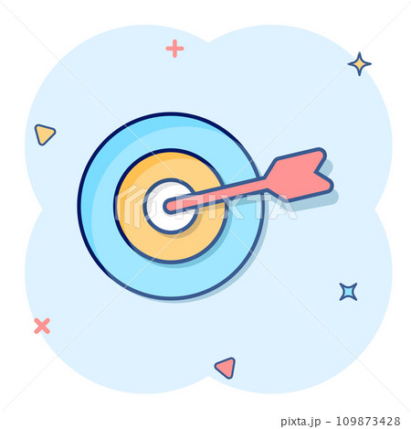 Target aim vector icon in comic style. Darts game cartoon illustration on white isolated background. Dartboard sport target splash effect concept. 109873428