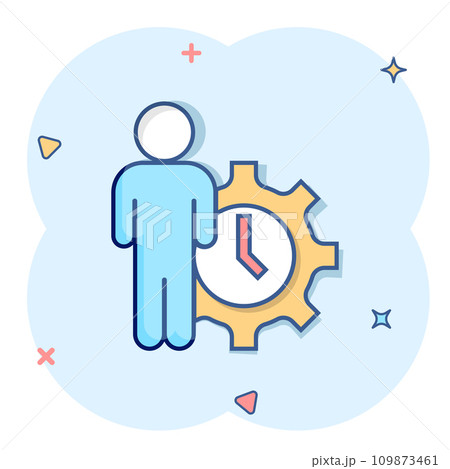 People and clock icon in comic style. Gear with user cartoon vector illustration on white isolated background. Businessman splash effect business concept. 109873461