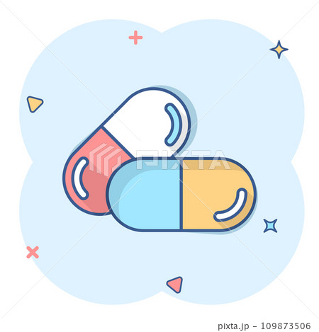 Pill capsule icon in comic style. Drugs cartoon vector illustration on white isolated background. Pharmacy splash effect business concept. 109873506