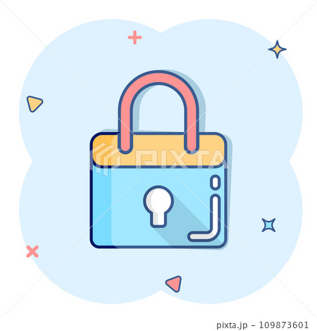 Locker icon in comic style. Padlock password cartoon vector illustration on white isolated background. Key unlock splash effect business concept. Locker icon in comic style. Padlock password cartoon vector illustration on white isolated background. Key unlock splash effect business concept. 109873601