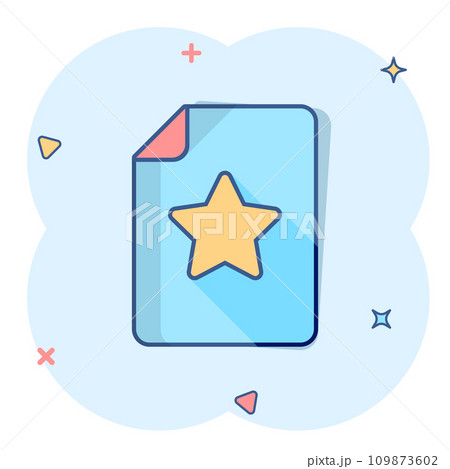 Document with star icon in comic style. Wish list cartoon vector illustration on white isolated background. Favorite purchase splash effect business concept. 109873602