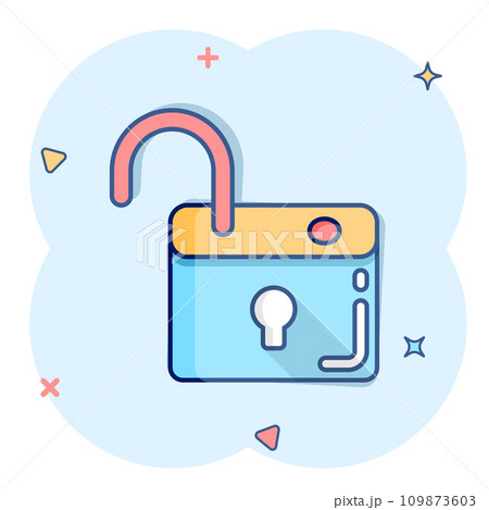 Locker icon in comic style. Padlock password cartoon vector illustration on white isolated background. Key unlock splash effect business concept. 109873603