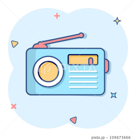 Radio icon in comic style. Fm broadcast cartoon vector illustration on white isolated background. Radiocast splash effect business concept. 109873666