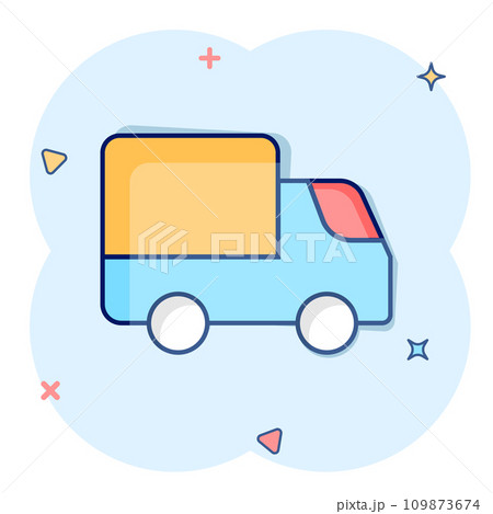 Delivery truck icon in comic style. Van cartoon vector illustration on white isolated background. Cargo car splash effect business concept. 109873674