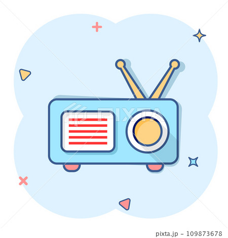 Radio icon in comic style. Fm broadcast cartoon vector illustration on white isolated background. Radiocast splash effect business concept. 109873678