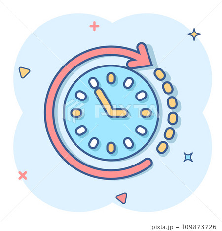 Clock icon in comic style. Watch cartoon vector illustration on white isolated background. Timer splash effect business concept. Clock icon in comic style. Watch cartoon vector illustration on white isolated background. Timer splash effect business concept. 109873726