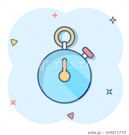 Clock icon in comic style. Watch cartoon vector illustration on white isolated background. Timer splash effect business concept. 109873779