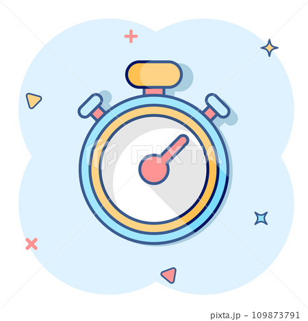 Clock icon in comic style. Watch cartoon vector illustration on white isolated background. Timer splash effect business concept. 109873791