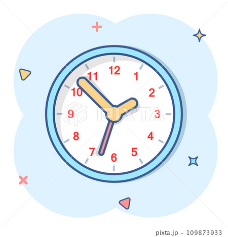 Clock sign icon in comic style. Time management vector cartoon illustration on white isolated background. Timer business concept splash effect. Clock sign icon in comic style. Time management vector cartoon illustration on white isolated background. Timer business concept splash effect. 109873933