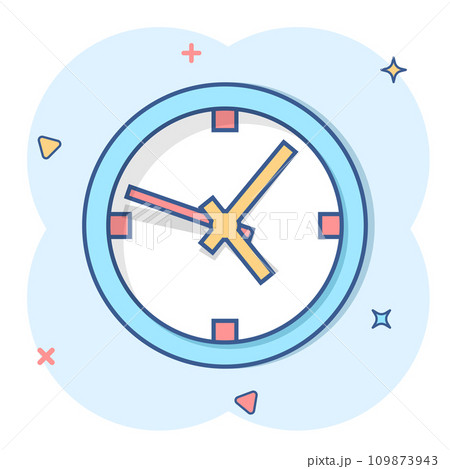 Clock sign icon in comic style. Time management vector cartoon illustration on white isolated background. Timer business concept splash effect. Clock sign icon in comic style. Time management vector cartoon illustration on white isolated background. Timer business concept splash effect. 109873943