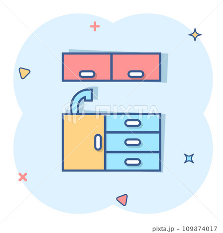 Kitchen furniture icon in comic style. Cuisine cartoon vector illustration on white isolated background. Cooking room splash effect business concept. Kitchen furniture icon in comic style. Cuisine cartoon vector illustration on white isolated background. Cooking room splash effect business concept. 109874017