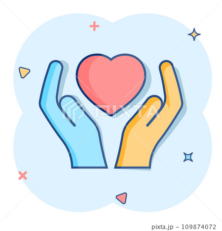 Heart care icon in comic style. Charity vector cartoon illustration on white isolated background. Love in hand business concept splash effect. Heart care icon in comic style. Charity vector cartoon illustration on white isolated background. Love in hand business concept splash effect. 109874072