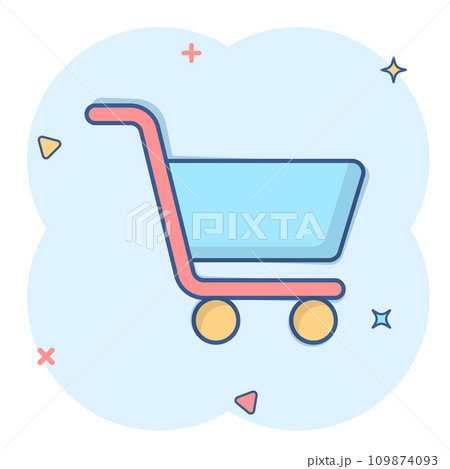 Shopping cart icon in comic style. Trolley cartoon vector illustration on white isolated background. Basket splash effect business concept. Shopping cart icon in comic style. Trolley cartoon vector illustration on white isolated background. Basket splash effect business concept. 109874093