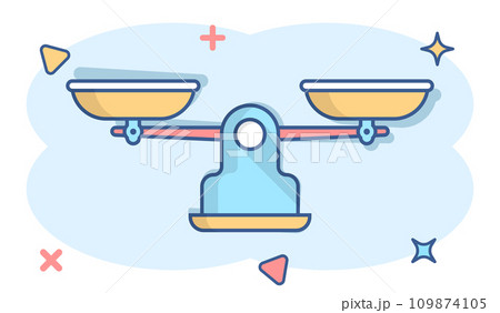 Scale balance icon in comic style. Justice cartoon vector illustration on white isolated background. Judgment splash effect business concept. 109874105