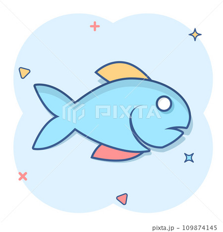 Fish icon in comic style. Seafood cartoon vector illustration on white isolated background. Sea animal splash effect business concept. 109874145
