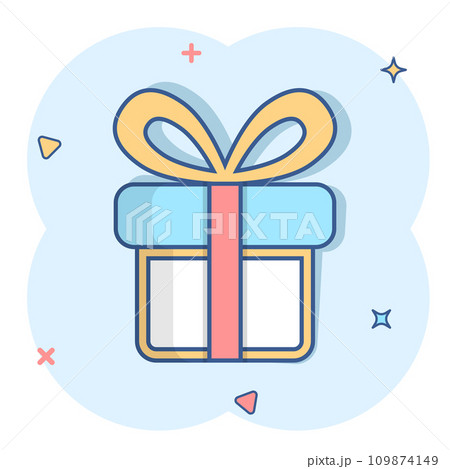 Gift box icon in comic style. Present package vector cartoon illustration on white isolated background. Surprise business concept splash effect. 109874149