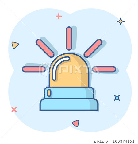 Emergency siren icon in comic style. Police alarm vector cartoon illustration on white isolated background. Medical alert business concept splash effect. 109874151